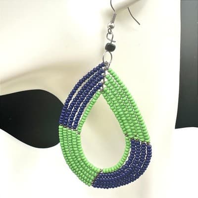 VTG Beaded Teardrop Dangle Earrings Green Blue Seed Beads Boho Fashion Jewelry - Thumbnail 3