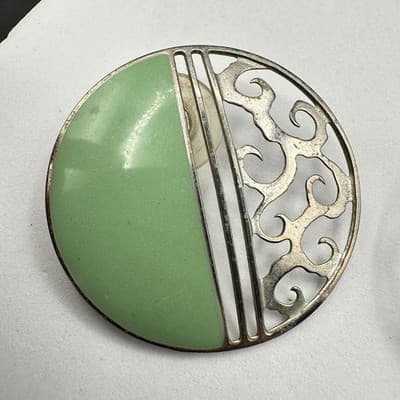 Vintage Round Mint Green Enamel Silver Tone Filigree Statement Earrings - Thumbnail 4