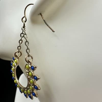VTG Boho Dangle Earrings Blue Green Bead Crescent Drop Gold Tone Chain Style - Thumbnail 8