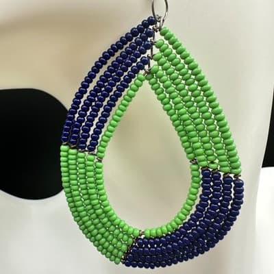 VTG Beaded Teardrop Dangle Earrings Green Blue Seed Beads Boho Fashion Jewelry - Thumbnail 4