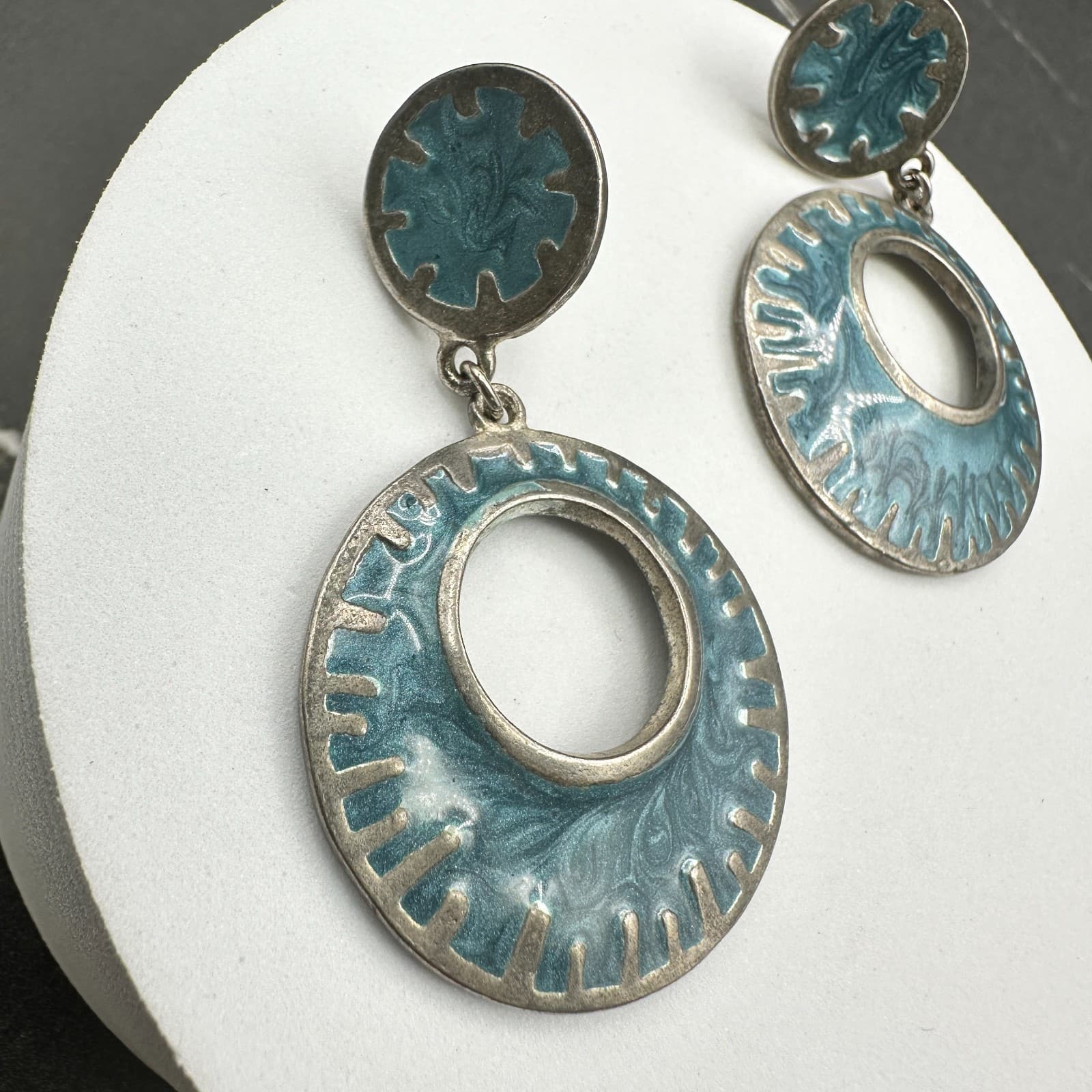 Vintage Silver Tone Blue Enamel Dangle Earrings Large Oval Post Boho Jewelry - Thumbnail 13