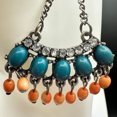 Vintage Boho Teal & Orange Beaded Chandelier Earrings Rhinestone Chain Dangle - Thumbnail 6