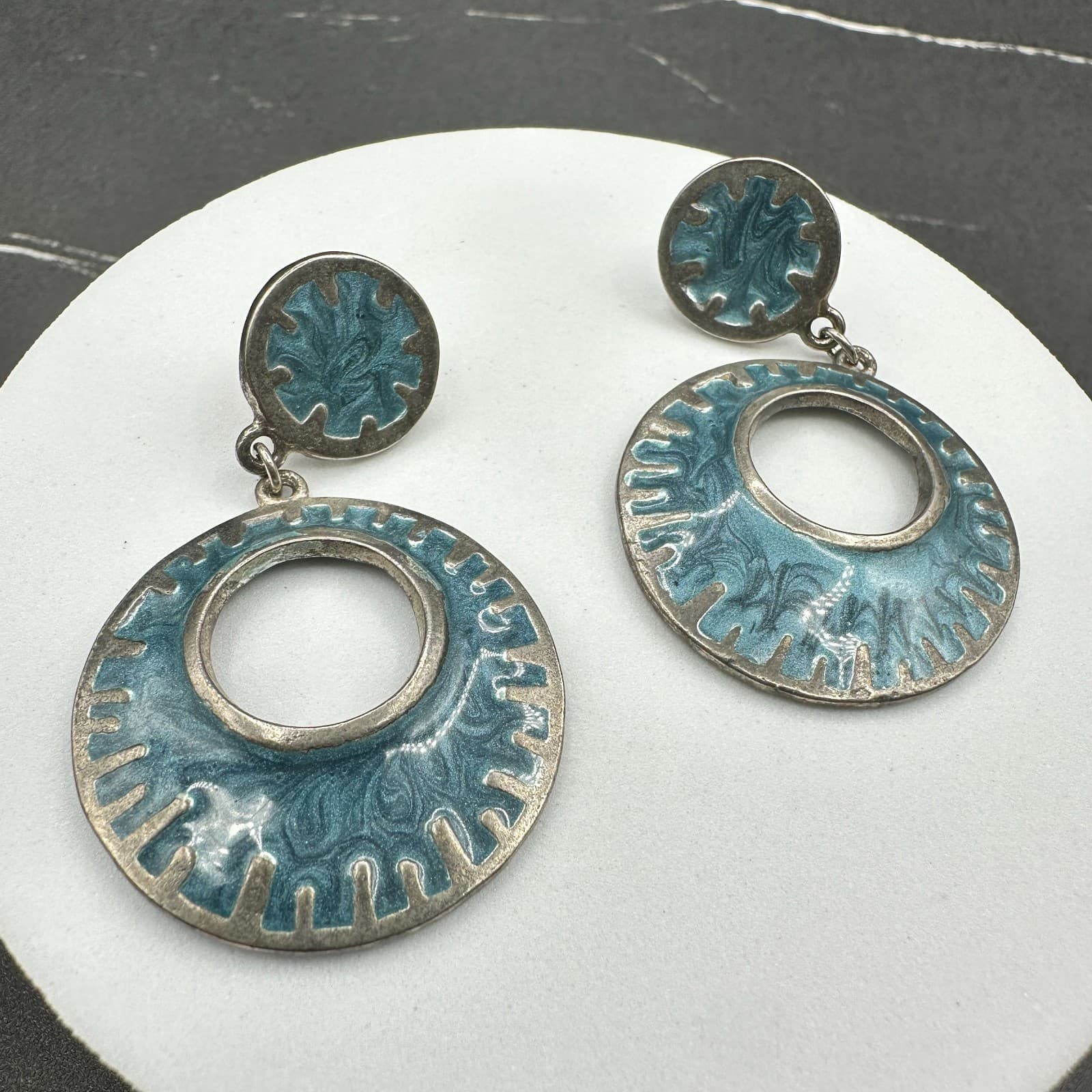 Vintage Silver Tone Blue Enamel Dangle Earrings Large Oval Post Boho Jewelry - Thumbnail 10
