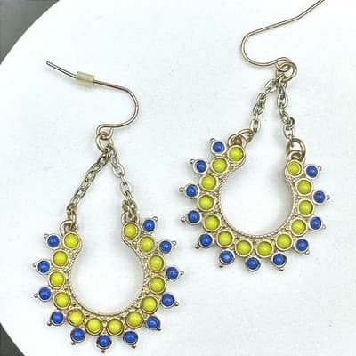 VTG Boho Dangle Earrings Blue Green Bead Crescent Drop Gold Tone Chain Style