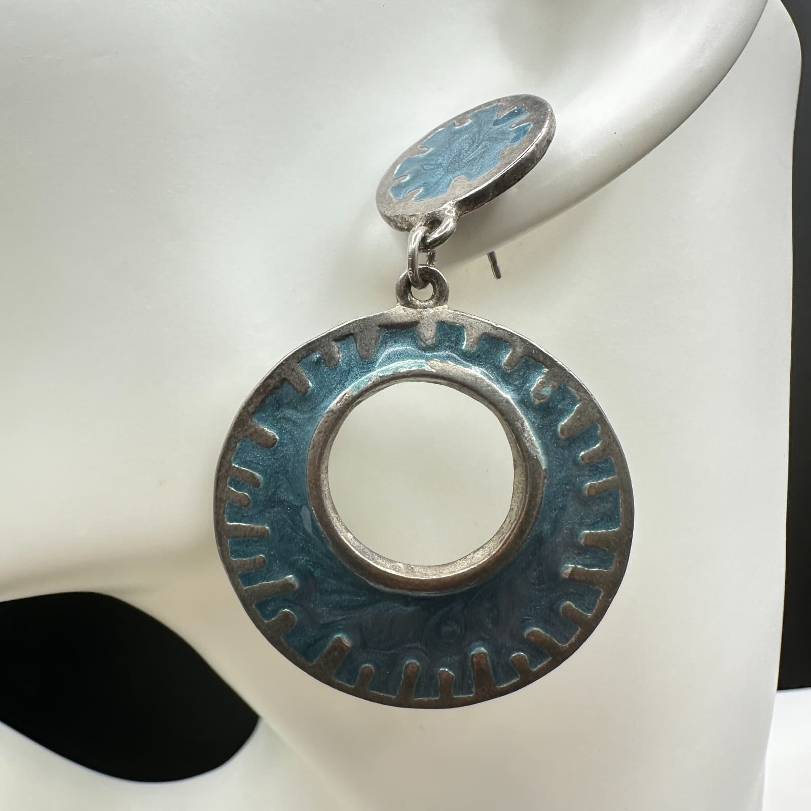 Vintage Silver Tone Blue Enamel Dangle Earrings Large Oval Post Boho Jewelry - Thumbnail 2