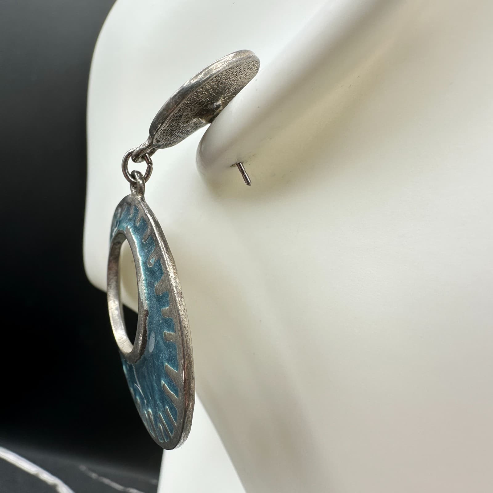 Vintage Silver Tone Blue Enamel Dangle Earrings Large Oval Post Boho Jewelry - Thumbnail 8