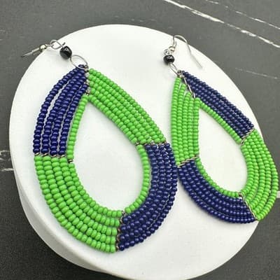 VTG Beaded Teardrop Dangle Earrings Green Blue Seed Beads Boho Fashion Jewelry - Thumbnail 10