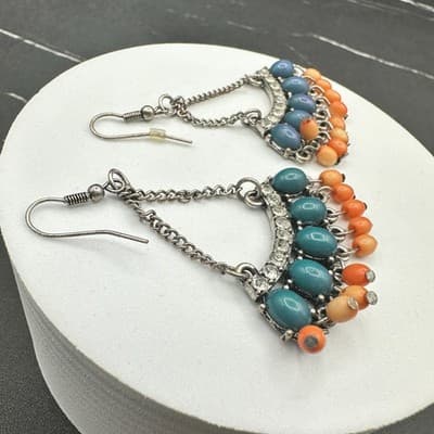 Vintage Boho Teal & Orange Beaded Chandelier Earrings Rhinestone Chain Dangle - Thumbnail 11
