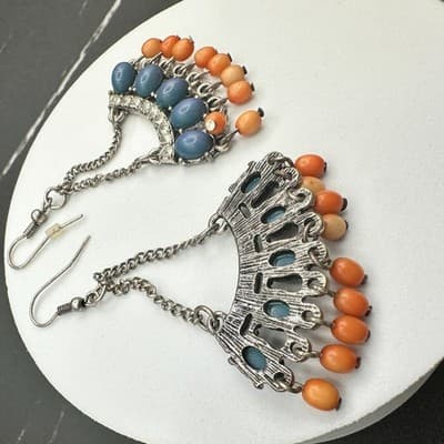 Vintage Boho Teal & Orange Beaded Chandelier Earrings Rhinestone Chain Dangle - Thumbnail 14