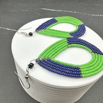 VTG Beaded Teardrop Dangle Earrings Green Blue Seed Beads Boho Fashion Jewelry - Thumbnail 2
