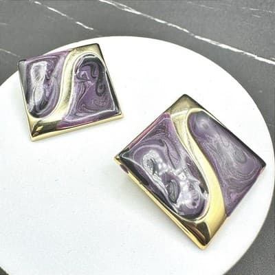 VTG Purple Gold Abstract Enamel Stud Earring Square Retro Art Deco Style Jewelry - Thumbnail 3