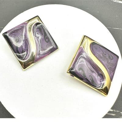 VTG Purple Gold Abstract Enamel Stud Earring Square Retro Art Deco Style Jewelry - Thumbnail 2