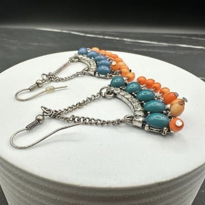 Vintage Boho Teal & Orange Beaded Chandelier Earrings Rhinestone Chain Dangle - Thumbnail 12