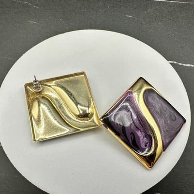VTG Purple Gold Abstract Enamel Stud Earring Square Retro Art Deco Style Jewelry - Thumbnail 9