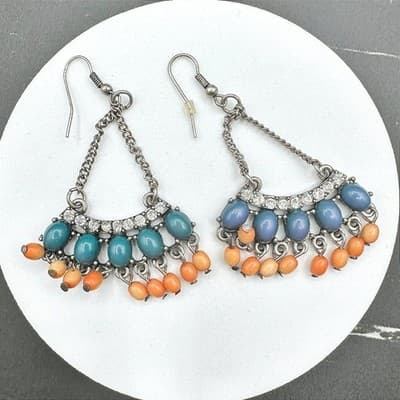 Vintage Boho Teal & Orange Beaded Chandelier Earrings Rhinestone Chain Dangle