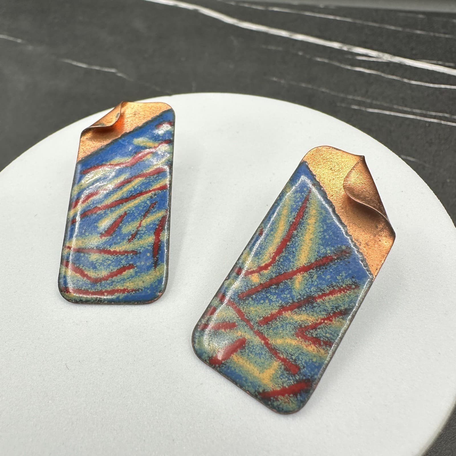Vintage 80s 90s Abstract Enamel Dangle Earrings Geometric Modern Statement - Thumbnail 3