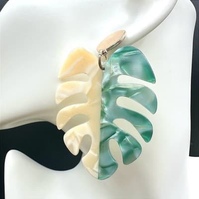 Acrylic Monstera Leaf Statement Earrings Green Cream Split Color Dangle Fashion
