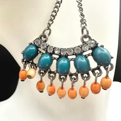 Vintage Boho Teal & Orange Beaded Chandelier Earrings Rhinestone Chain Dangle - Thumbnail 3