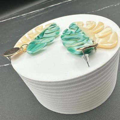 Acrylic Monstera Leaf Statement Earrings Green Cream Split Color Dangle Fashion - Thumbnail 11
