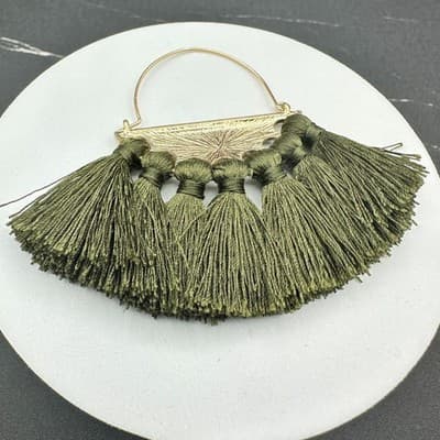 Boho Tassel Fan Dangle Earrings Green Gold Statement Fashion Jewelry - Thumbnail 8