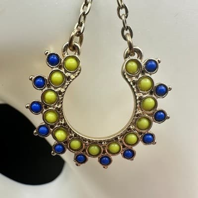 VTG Boho Dangle Earrings Blue Green Bead Crescent Drop Gold Tone Chain Style - Thumbnail 4