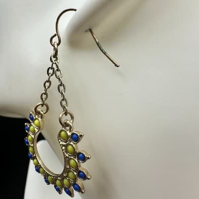 VTG Boho Dangle Earrings Blue Green Bead Crescent Drop Gold Tone Chain Style - Thumbnail 7