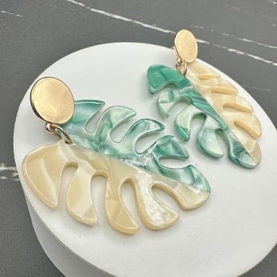 Acrylic Monstera Leaf Statement Earrings Green Cream Split Color Dangle Fashion - Thumbnail 10