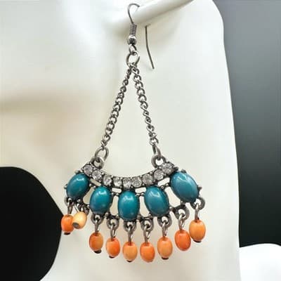 Vintage Boho Teal & Orange Beaded Chandelier Earrings Rhinestone Chain Dangle - Thumbnail 4