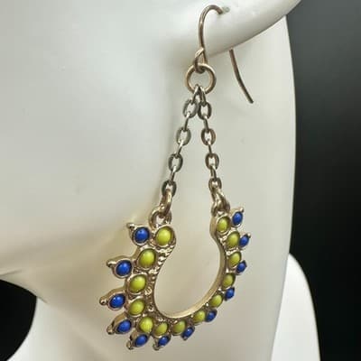 VTG Boho Dangle Earrings Blue Green Bead Crescent Drop Gold Tone Chain Style - Thumbnail 6