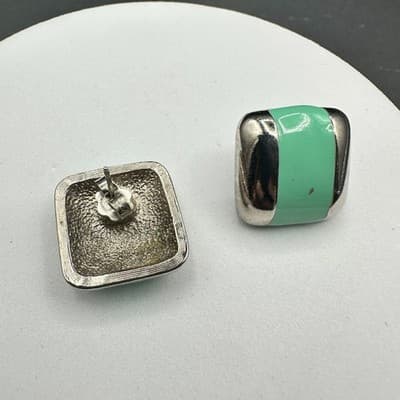 VTG Mint Green Enamel Square Stud Earrings Silver Tone Retro Geometric Jewelry - Thumbnail 5
