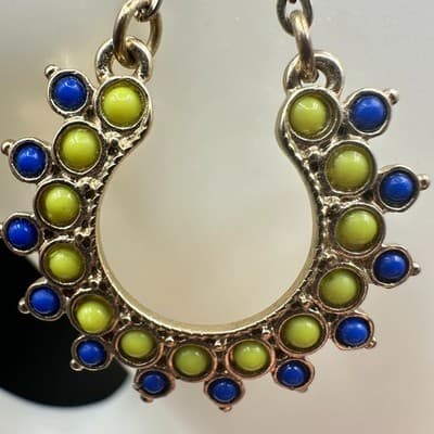 VTG Boho Dangle Earrings Blue Green Bead Crescent Drop Gold Tone Chain Style - Thumbnail 9