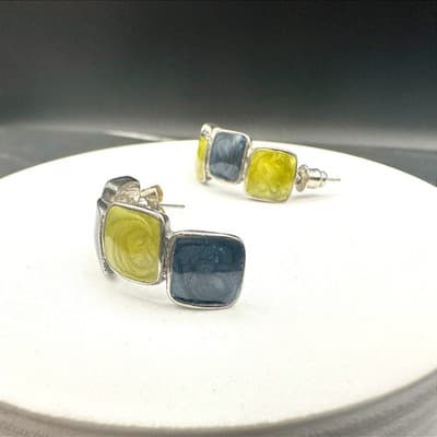 VTG Enamel Half Hoop Earrings Green Blue Square Retro Chunky Silver Tone Jewelry - Thumbnail 2