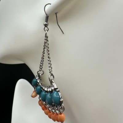 Vintage Boho Teal & Orange Beaded Chandelier Earrings Rhinestone Chain Dangle - Thumbnail 7
