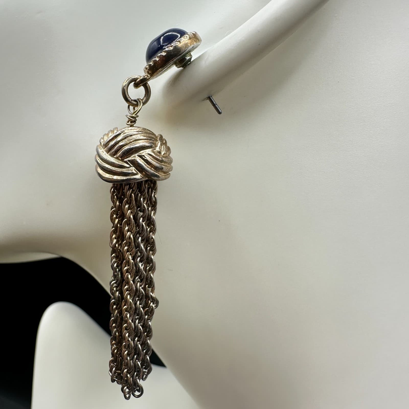 VTG Gold Tone Blue Cabochon Tassel Chain Statement Drop Earrings Retro - Thumbnail 6