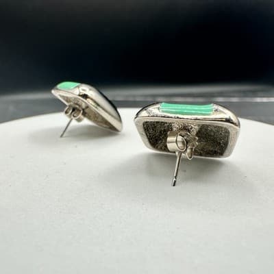 VTG Mint Green Enamel Square Stud Earrings Silver Tone Retro Geometric Jewelry - Thumbnail 4