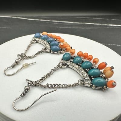 Vintage Boho Teal & Orange Beaded Chandelier Earrings Rhinestone Chain Dangle - Thumbnail 13