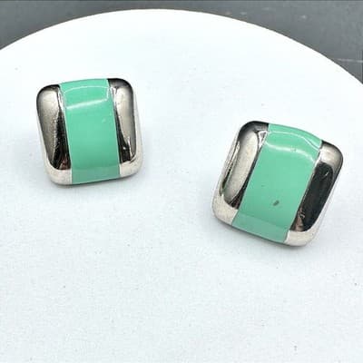 VTG Mint Green Enamel Square Stud Earrings Silver Tone Retro Geometric Jewelry - Thumbnail 2