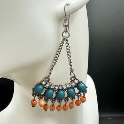 Vintage Boho Teal & Orange Beaded Chandelier Earrings Rhinestone Chain Dangle - Thumbnail 5