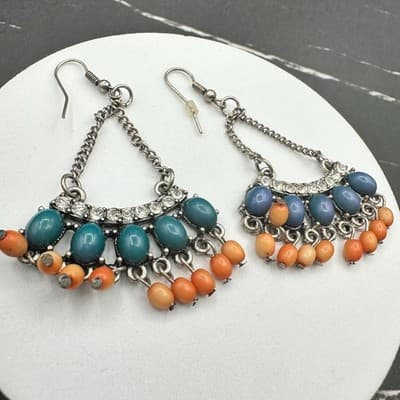 Vintage Boho Teal & Orange Beaded Chandelier Earrings Rhinestone Chain Dangle - Thumbnail 10
