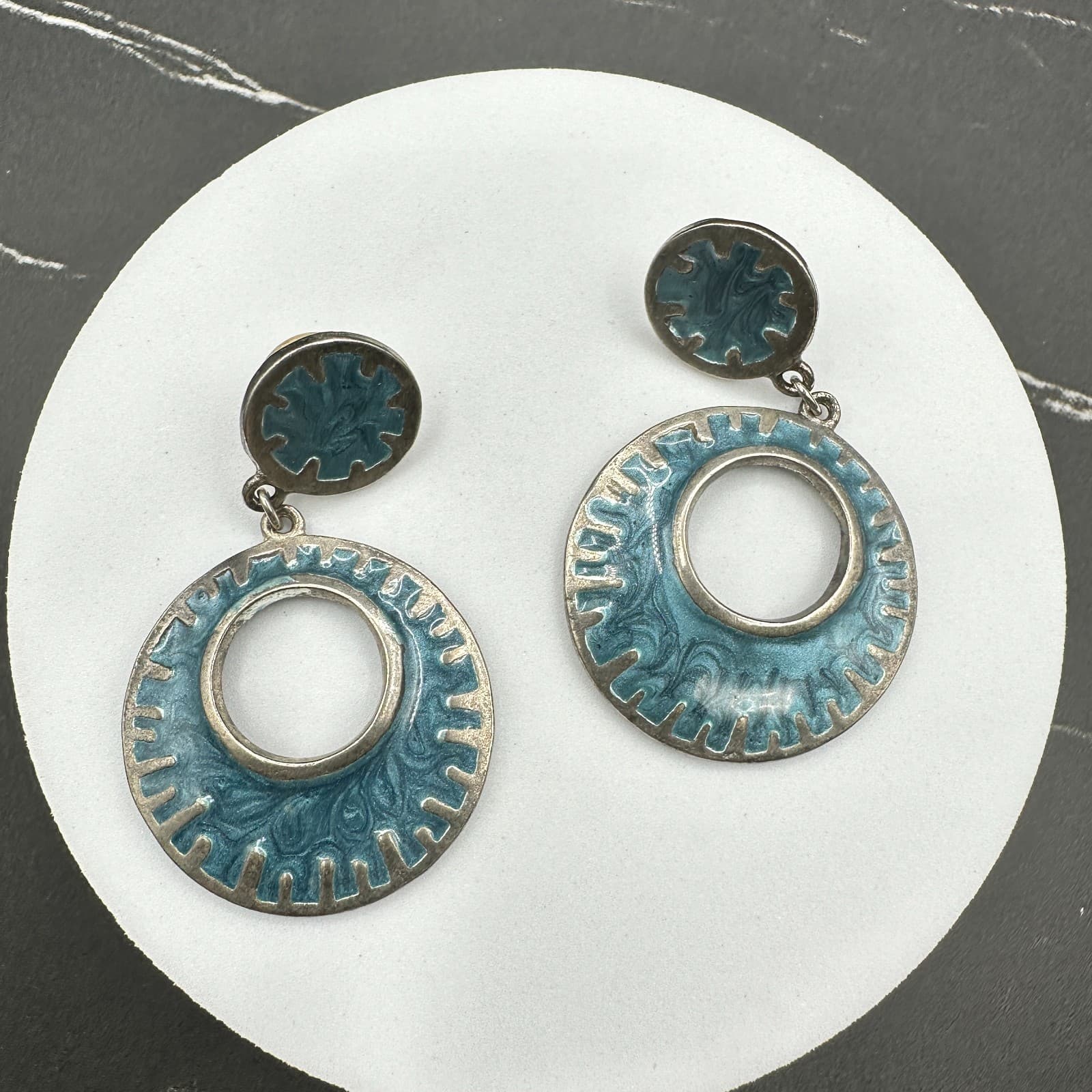 Vintage Silver Tone Blue Enamel Dangle Earrings Large Oval Post Boho Jewelry