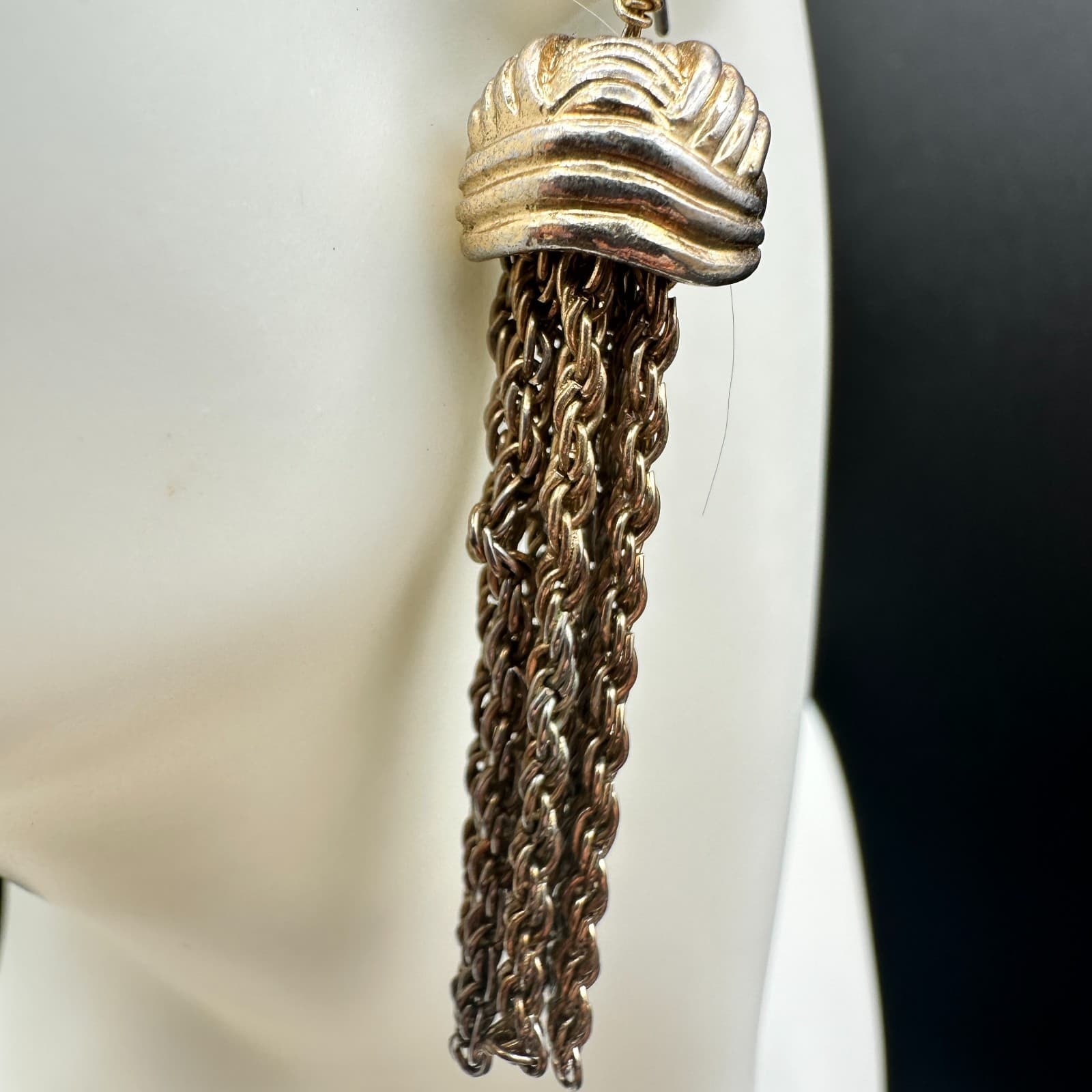 VTG Gold Tone Blue Cabochon Tassel Chain Statement Drop Earrings Retro - Thumbnail 3