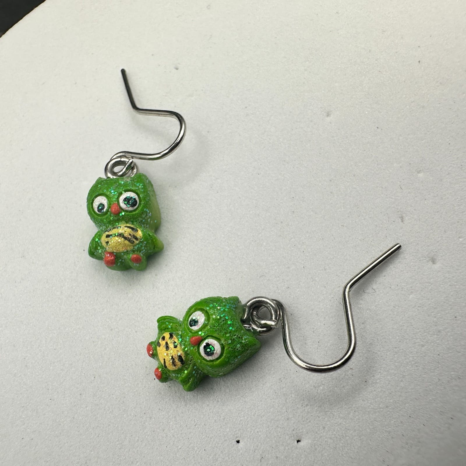 Glitter Green Owl Dangle Earrings Cute Kawaii Forest Style
