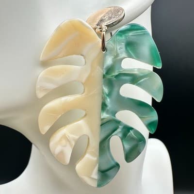 Acrylic Monstera Leaf Statement Earrings Green Cream Split Color Dangle Fashion - Thumbnail 6