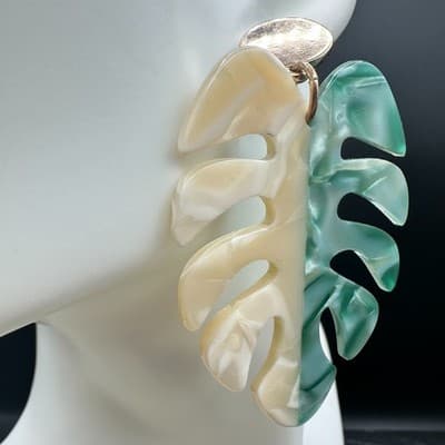 Acrylic Monstera Leaf Statement Earrings Green Cream Split Color Dangle Fashion - Thumbnail 8