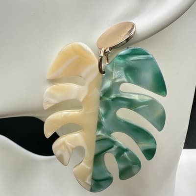 Acrylic Monstera Leaf Statement Earrings Green Cream Split Color Dangle Fashion - Thumbnail 4