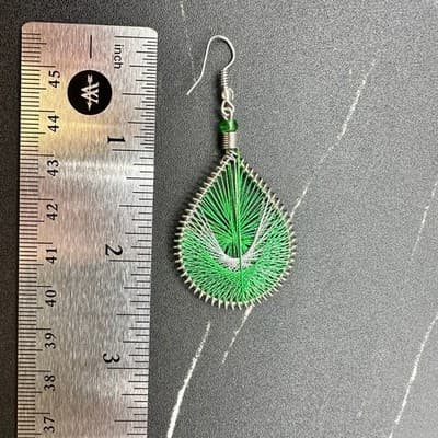 Handmade Wire Art Teardrop Dangle Earrings Green Silver Thread Boho VTG Style - Thumbnail 12