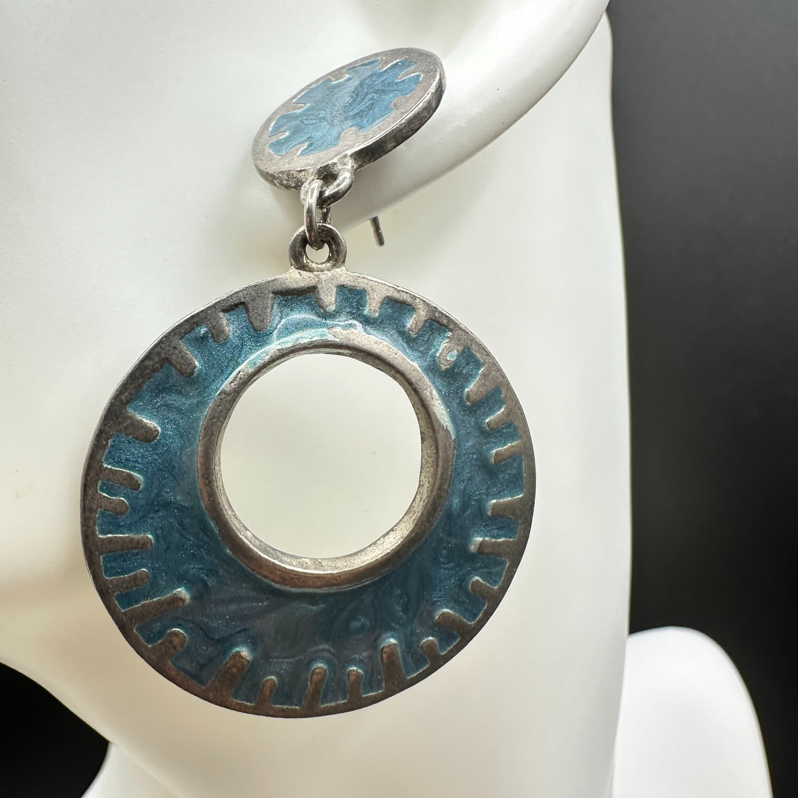 Vintage Silver Tone Blue Enamel Dangle Earrings Large Oval Post Boho Jewelry - Thumbnail 4