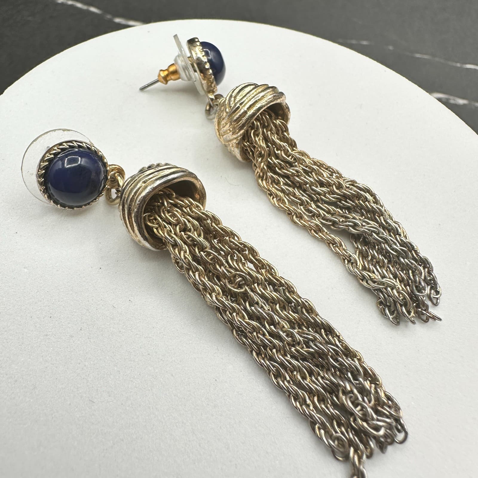 VTG Gold Tone Blue Cabochon Tassel Chain Statement Drop Earrings Retro - Thumbnail 11