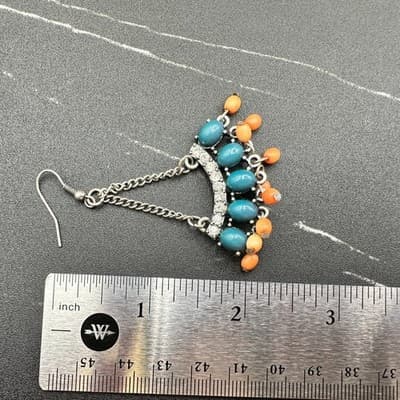 Vintage Boho Teal & Orange Beaded Chandelier Earrings Rhinestone Chain Dangle - Thumbnail 15