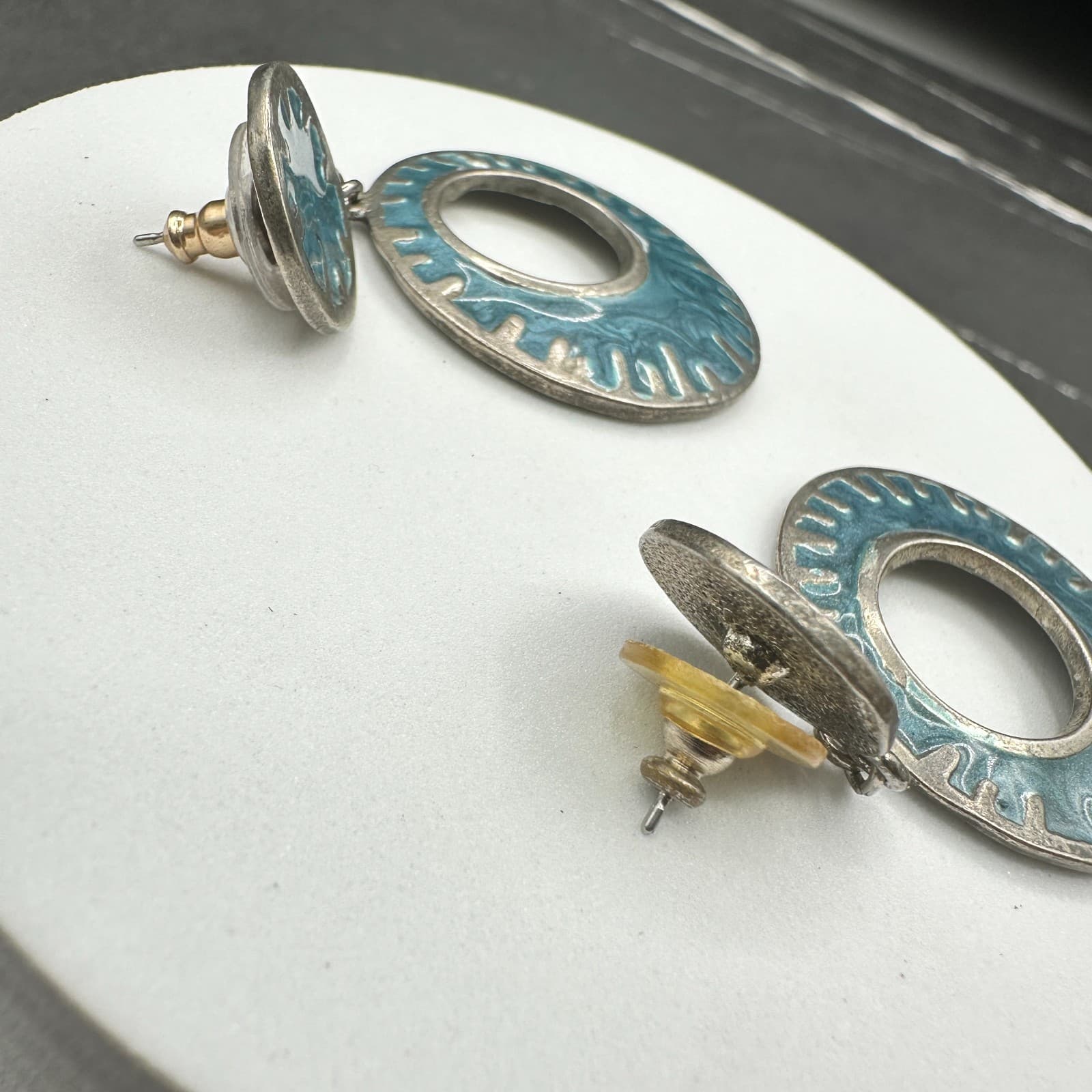 Vintage Silver Tone Blue Enamel Dangle Earrings Large Oval Post Boho Jewelry - Thumbnail 12